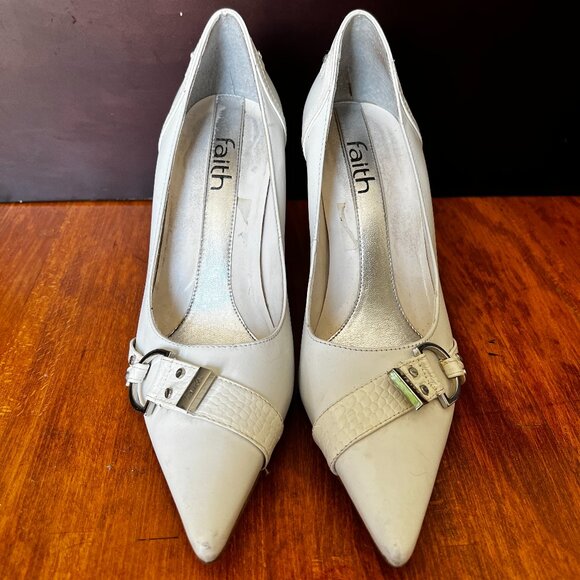 Faith White Pumps with Silver Buckle - Picture 1 of 9
